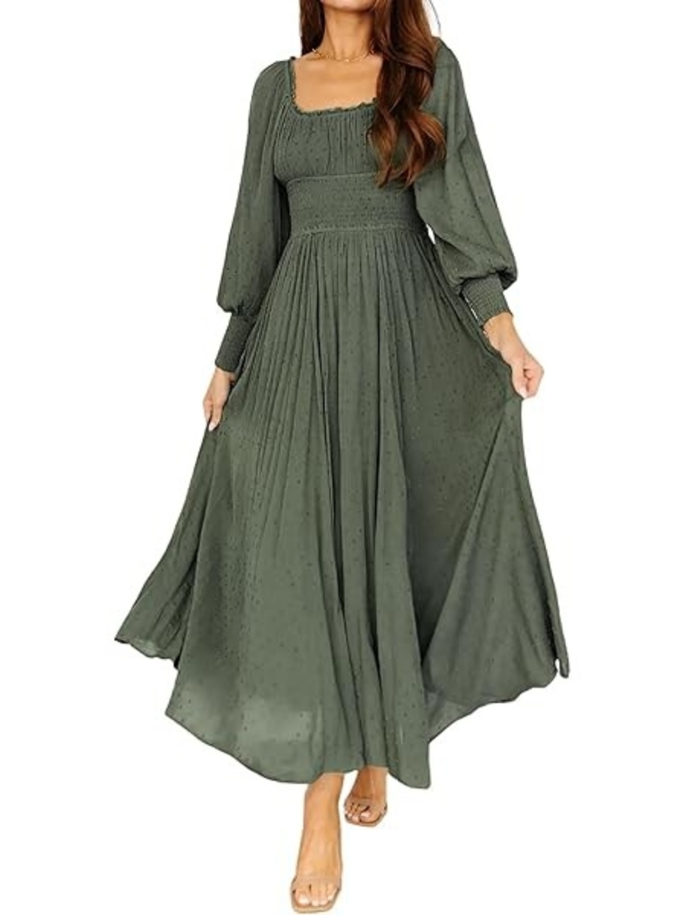 Smocked Waist Olive Maxi Dress with Balloon Sleeves